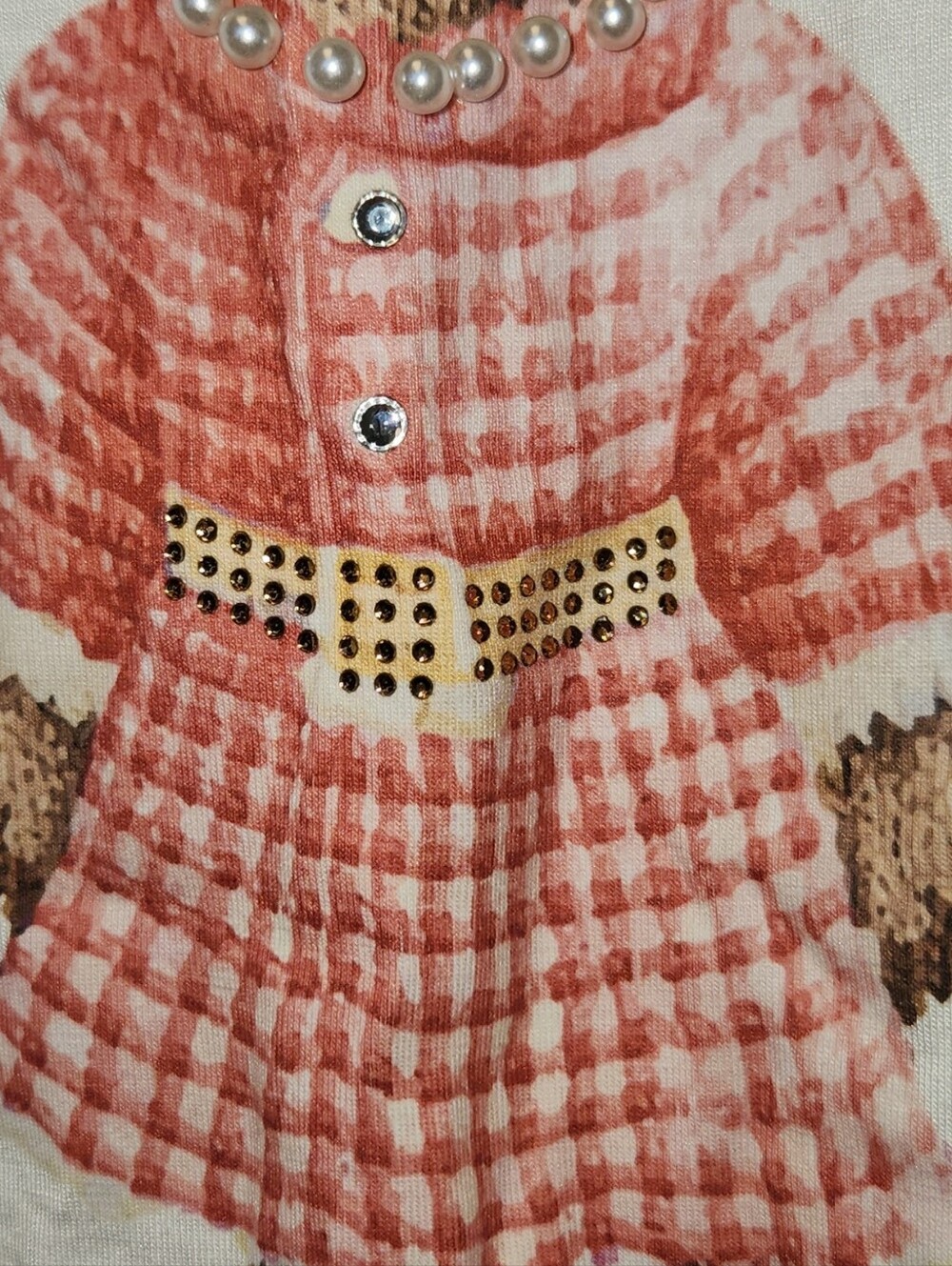 Cute Cyrus White Tee W/ Teddy Bear Wearing Pearls & Rhinestones. L - Picture 8 of 8